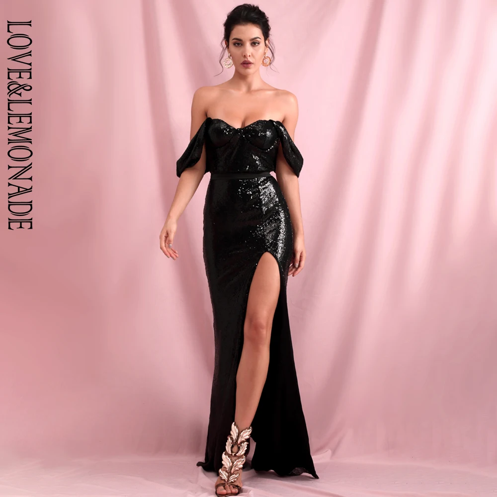 LOVE&LEMONADE, сексуальный топ-труба, с открытыми плечами, с рукавами, черные, с блестками, с разрезом, рыбий хвост, вечерние платья макси, LM82061