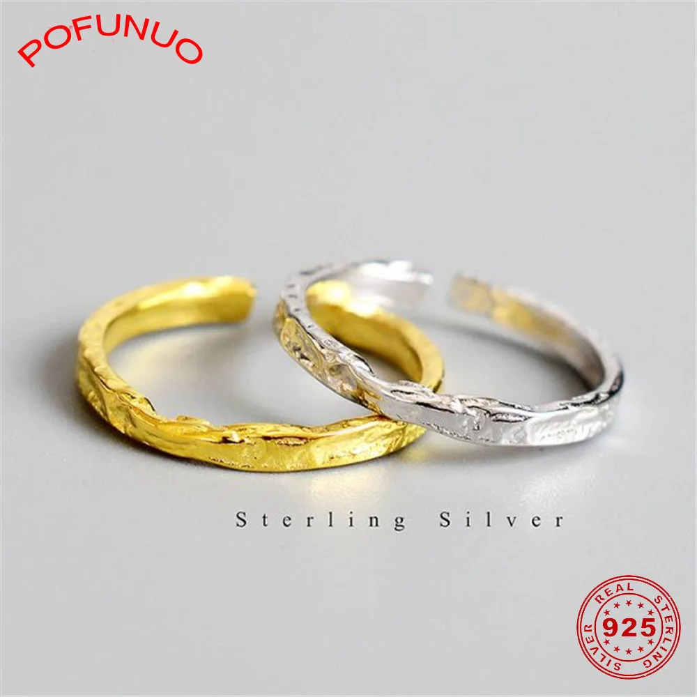

POFUNUO 925 Sterling Silver Minimalist Irregular Opening Rings Koreant Concave Convex Surface Tinfoil Stripes Simplicity Rings