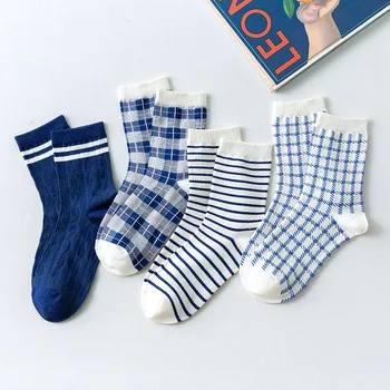 

Sweet Plaid Woman Sock Striped Socks for Women Blue White Style Ladies Long Standard Female Cotton Trendy Spring Autumn Sokken