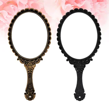 

2Pcs Vintage Handhold Makeup Mirror Light Weight Travel Makeup Mirrors Oval Cosmetic Hand Held Mirror for Women Female (Black +