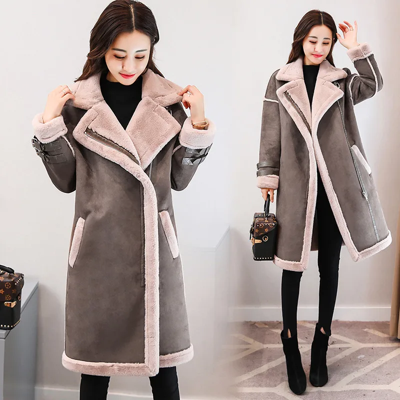 Осень Зима Женское пальто из искусственной кожи ягненка длинное толстое теплое пальто замшевые кожаные куртки женская верхняя одежда Высокое качество M305