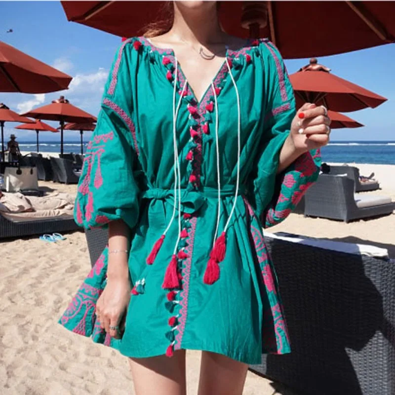 

2021 Spring Summer Women Dresses Embroidery Tassel Lantern Sleeve V Neck Maxi Chic Boho Style Female Dresses Holiday Vestidos