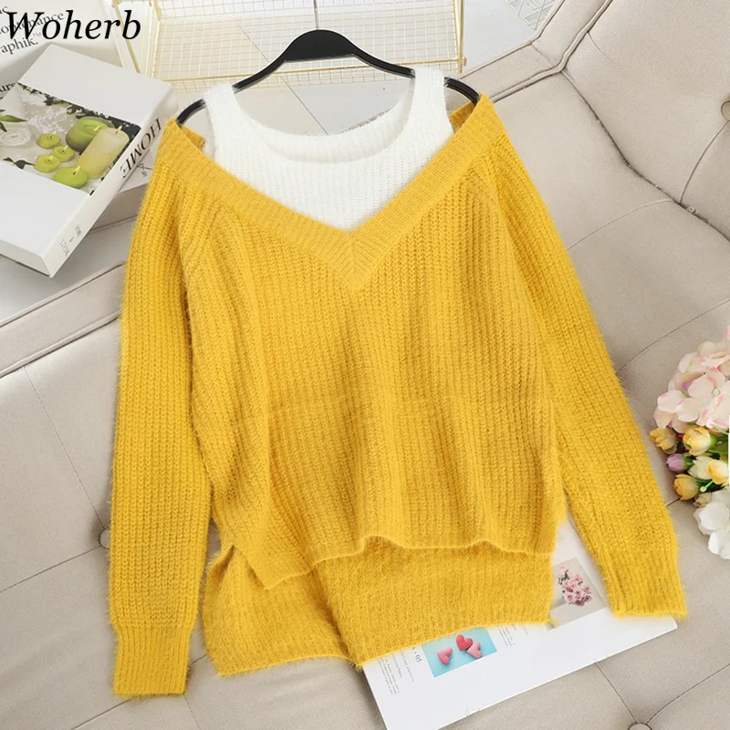 Woherb Pull Femme с длинными рукавами в стиле пэчворк пуловеры поддельные Двойка Повседневное свободный свитер с открытым плечом Для женщин корейский стиль 91444