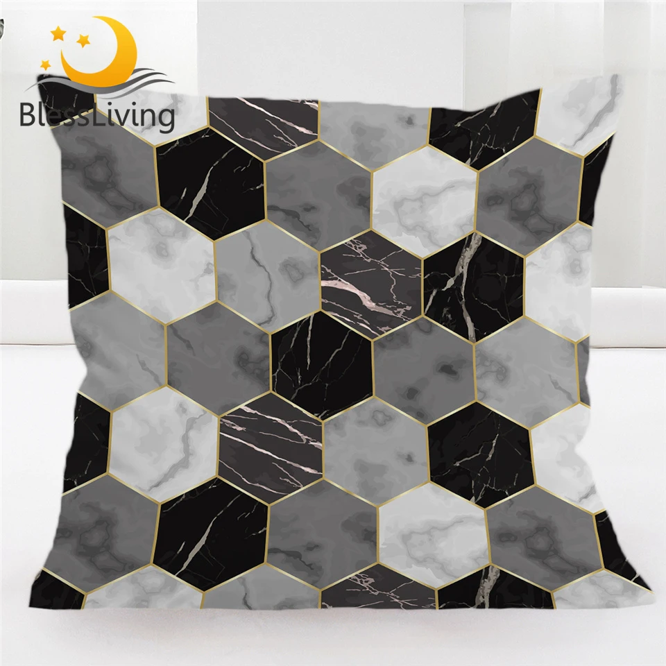 BlessLiving Marble Throw Pillow Covers Modern Geometric Square Decorative Pillow Cases Golden Gray Pillowcase Cushion Cover