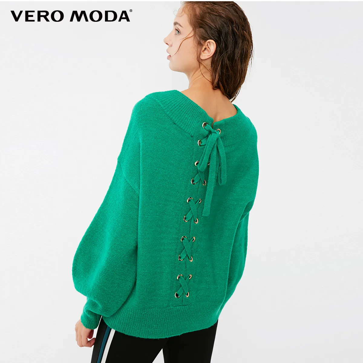 Vero Moda вязанный женский свитер со шнуровкой на спине с рукавами-фонариками | 318313516 - Цвет: Tribal green