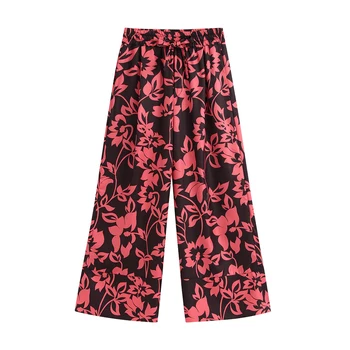 

Stylish Chic Flower Print Wide Leg Pants Women's Vintage Pockets Zipper Fly Female Ankle Trousers Pants Mujer female 2020