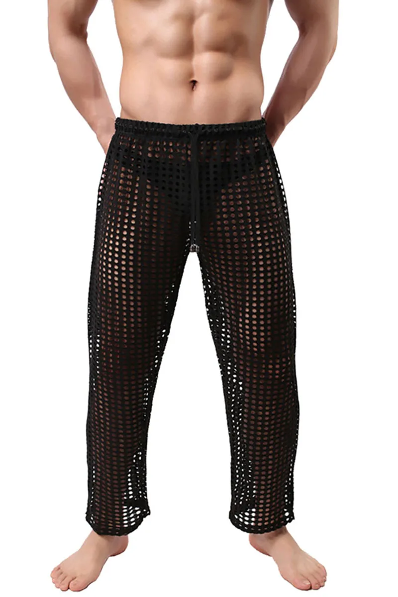 Men's Fashion Sexy Transparent Mesh Pants Drawstring Breathable Trousers Fashion Loose Casual Pajama Pants - Цвет: Черный