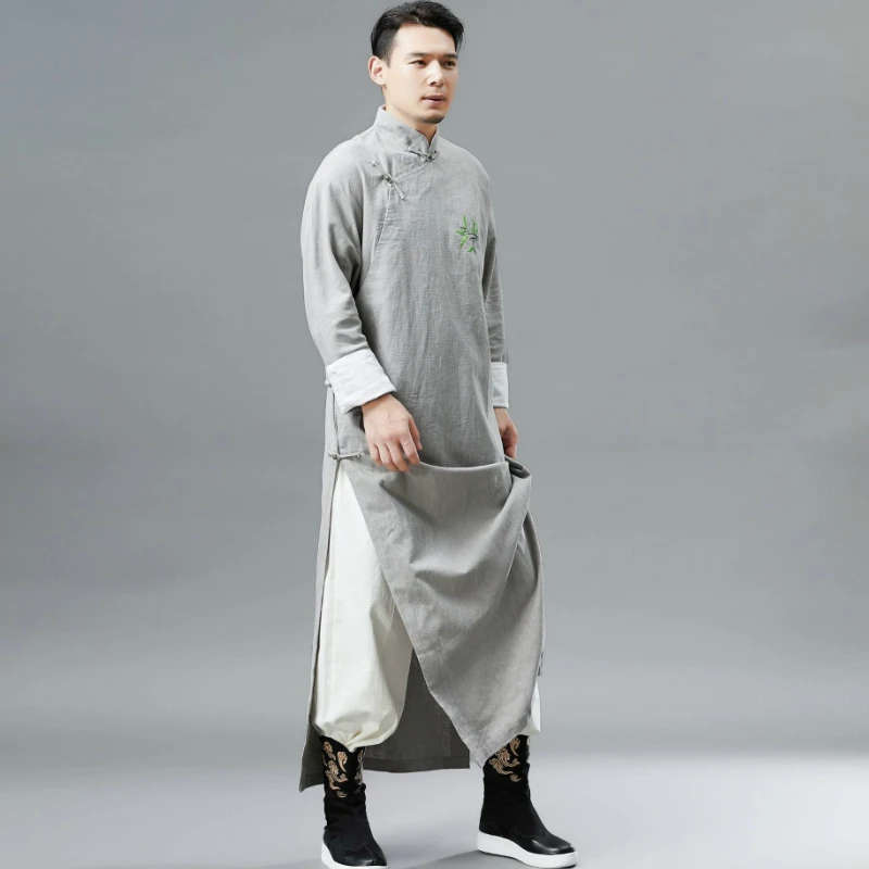 Осень длинный рукав мужской китайский национальный стиль длинный Hanfu вышитый национальный костюм с одной пуговицей хлопок