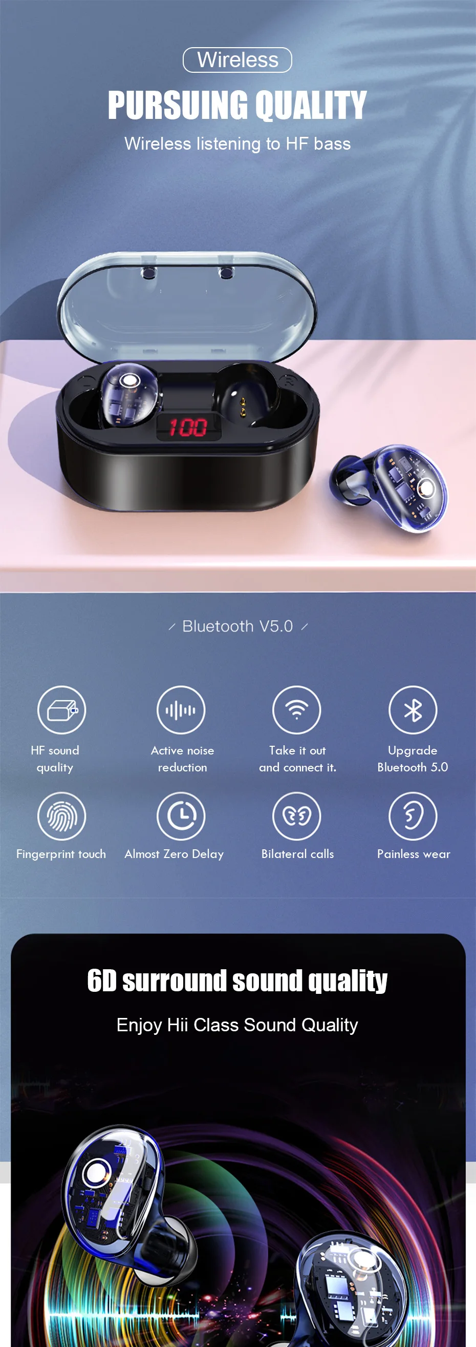 Bluetooth наушники, настоящие беспроводные наушники 5,0, сенсорное управление, IPX6, водонепроницаемые, мини наушники 6d, спортивные, Hi-Fi, стерео наушники, наушники