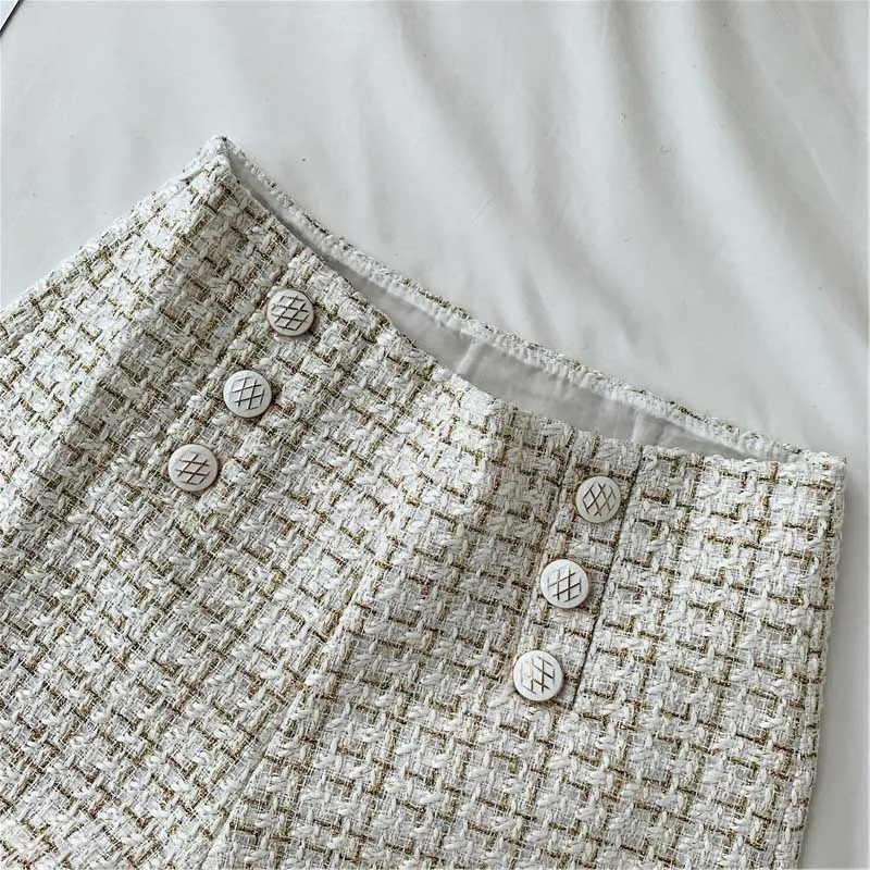 Spring Autumn Double-breasted High Waist Wide Leg Shorts For Women Plaid Bright Silk Slim Short Pants Ladies A-line Femme Shorts