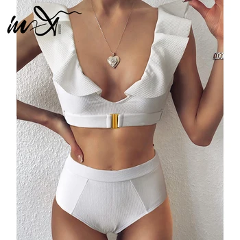 

In-X High waist bikini set 2020 White swimsuit female Belt ruffle biquinis Ribbed swimwear women swim suit Bathing suit bathers