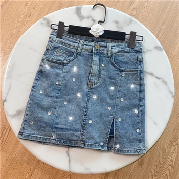 

Denim Jean Skirt for Women 2020 Summer New All-match Slit Denim Crystal Diamond Skirt High Waist Denim Short Mini Skirts Jupe