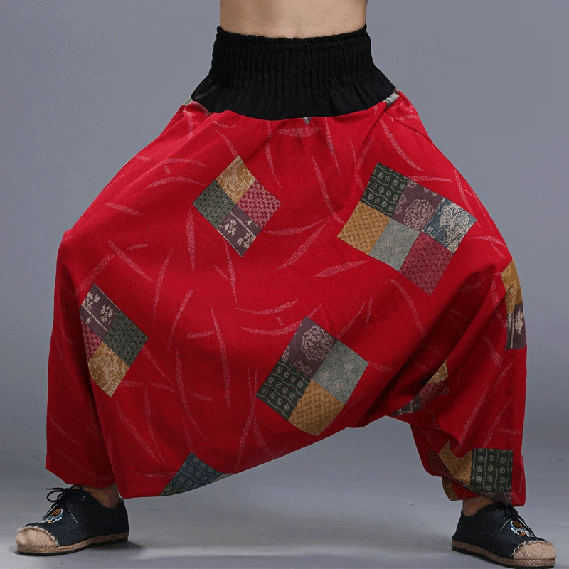 Men Harem Pants Casual Chinese Style Vintage Baggy Drop Crotch Elastic Waist Men Joggers Sweatpants Cotton Trousers Plus Size