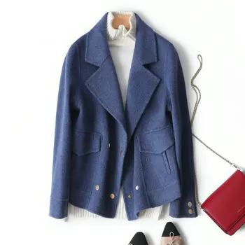 

Bornladies 2020 New High Quality Double Sided Cashmere Coat Blue Color Korean Fashion Soft Style Woolen Women's Coat for Winter