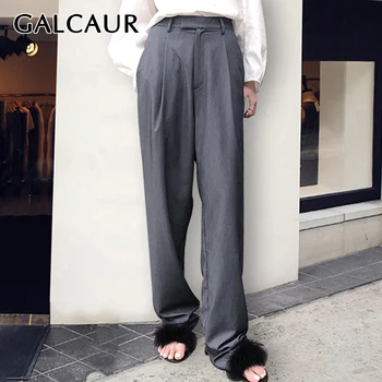 

GALCAUR Casual Women's Pants High Waist Pocket Long Loose Straight Korean Female Trousers 2020 Autumn Fashion New Clothing