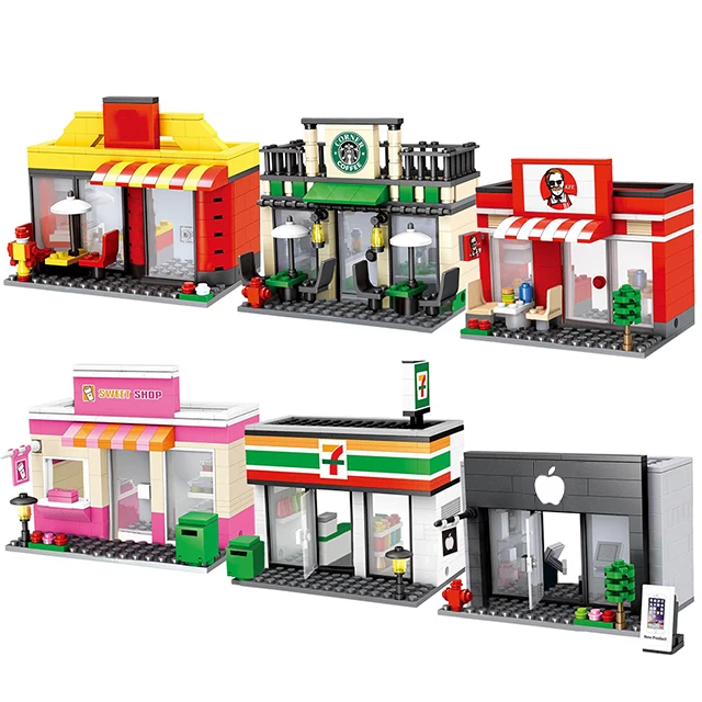 Building-Block City-Tiendas-Toy 3d-Model Miniature Road-Corner Store Cafe Ville-Shop