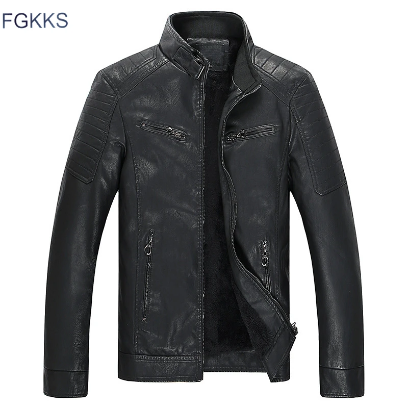 FGKKS мужские мотоциклетные кожаные куртки, пальто, зимние мужские однотонные высококачественные Куртки из искусственной кожи, мужские повседневные кожаные куртки