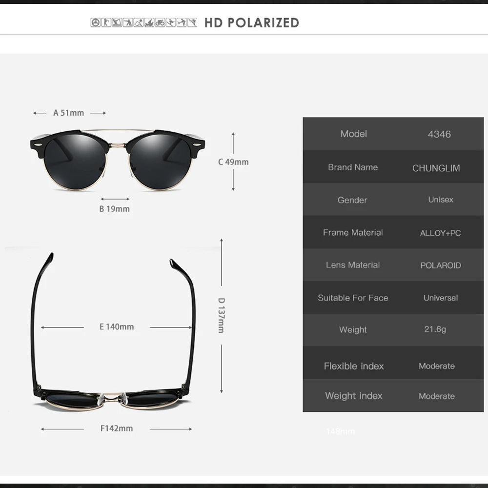 CHUNGLIM, мужские, женские, классические, поляризационные солнцезащитные очки, мужские, модный дизайн, овальная оправа, защита UV400, женские очки