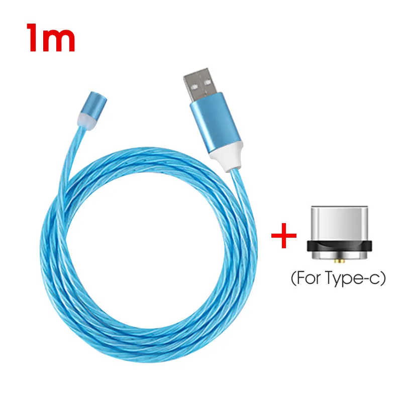 Магнитный светящийся кабель светодиодный светящийся струящийся Micro usb type C провод для быстрой зарядки для телефона Android яркий зарядный кабель для huawei - Цвет: For Type C Blue
