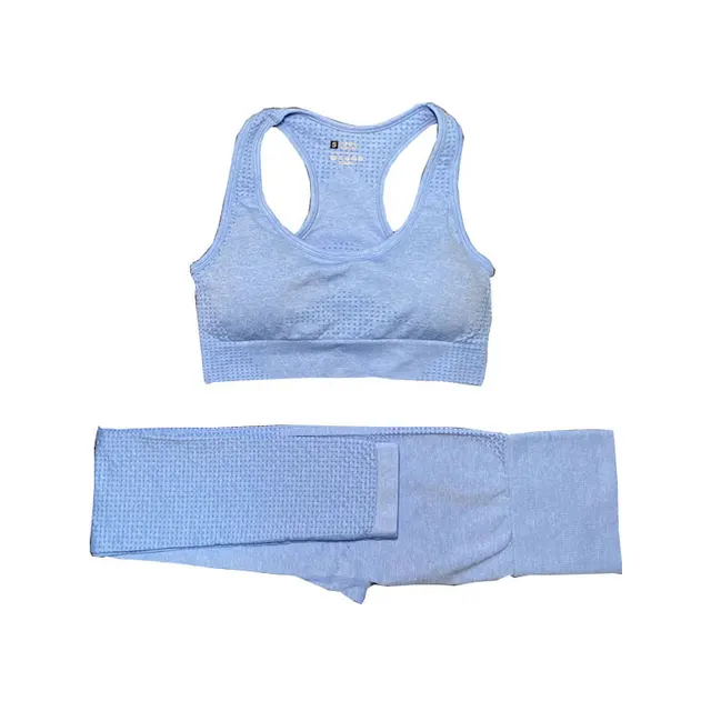 2/3/5PCS Women Sportswear Yoga Set Gym Clothing Tracksuit Long Sleeve Crop Top High Waist Seamless Leggings Fitness Sports Suits Bra pant sky blue