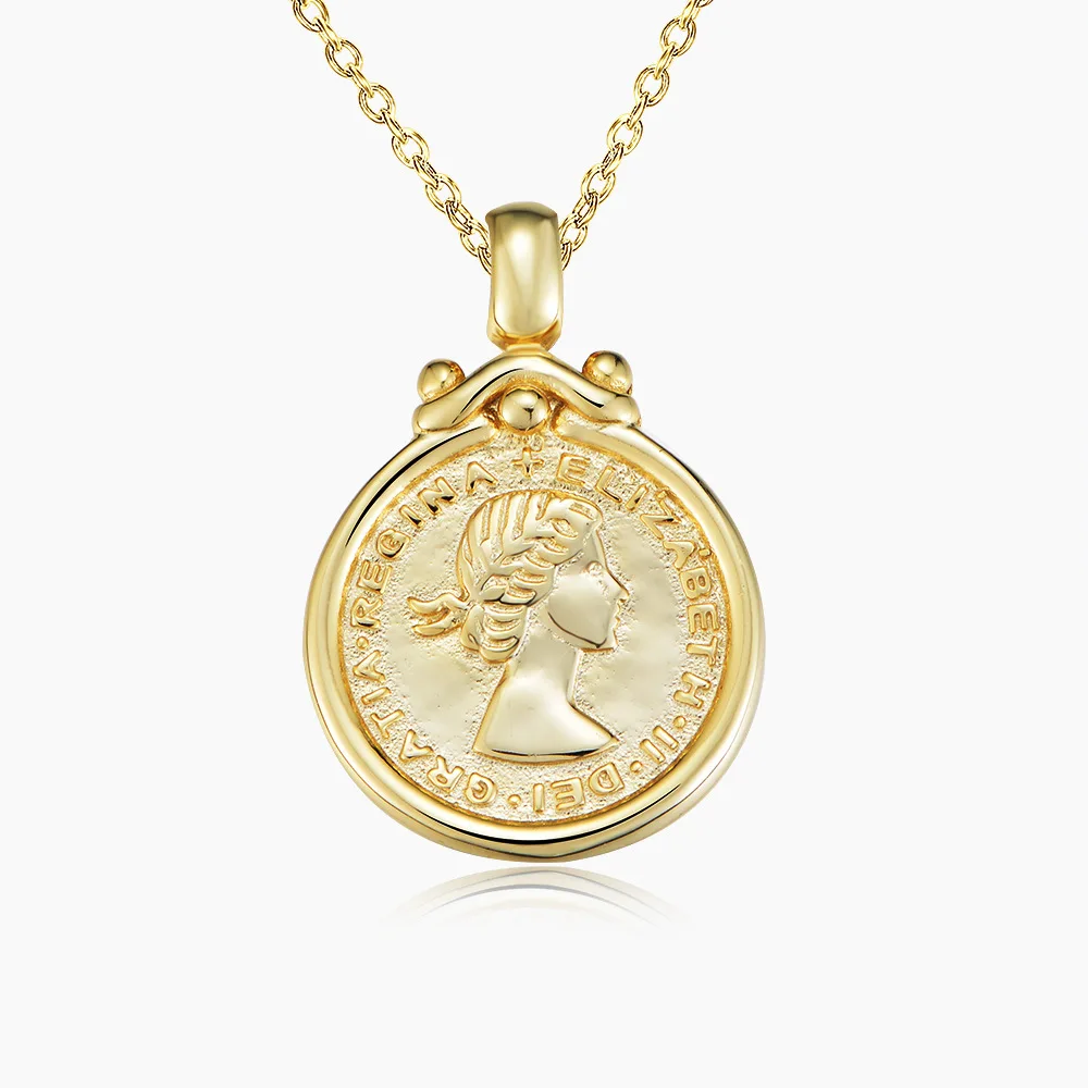 

Veryins Yellow Gold Plating Sterling 925 Silver Embossed Elizabeth Coin Pendant Necklace for Women Party Gift