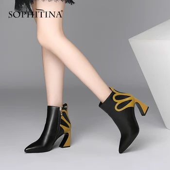 

SOPHITINA Fashion Appliques Women's Boots High Quality Real Fur Special Strange Style Heel Pointed Toe Shoes Ankle Boots PO238