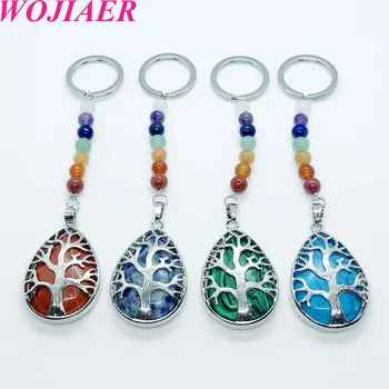 

WOJIAER 7 Chakra Water Drop Keychain Natural Stone Pendant Keychain Tree of Life Keyring Holder Men Women Birthday Gift PBW910