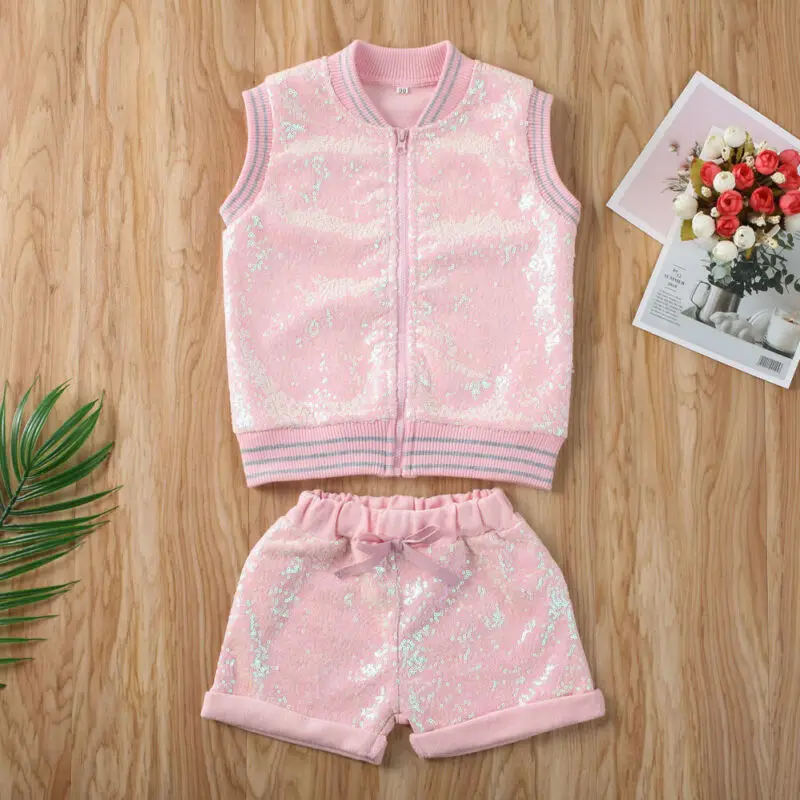  2020 children clothes Kid Baby Girl Clothes Sleeveless Sequins Zipper Tops Coat+Shorts Pants Outfit