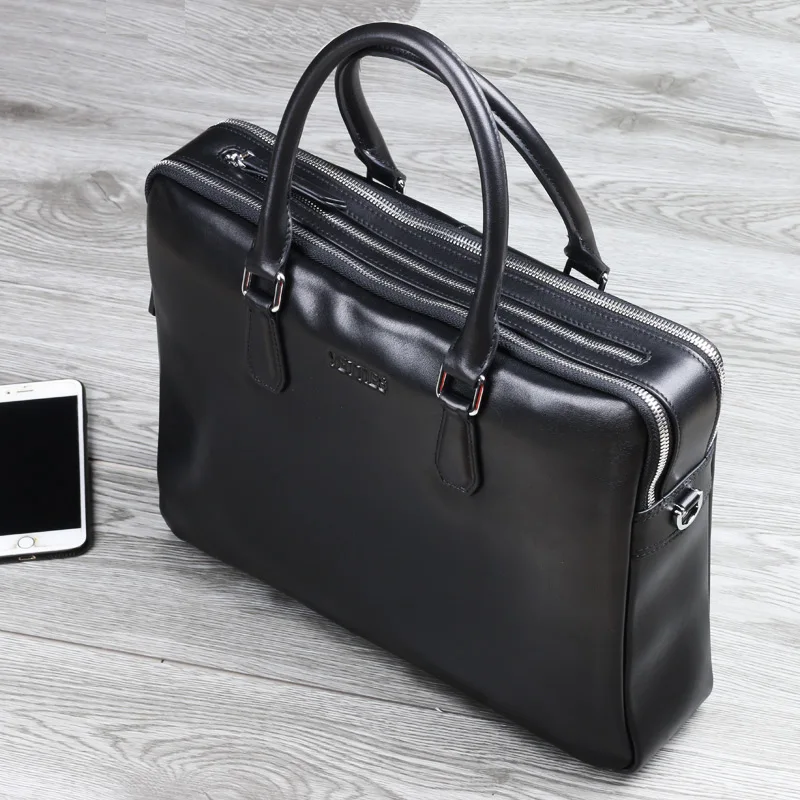 Men 's leather briefcase purses double zipper handbag office bag
