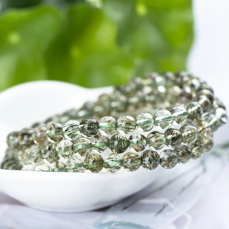 

Natural Green Tourmilated Rutilated 3 Laps Bracelet 6mm Brazil Clear Round Beads Stretch 3 Laps Women Men AAAAA