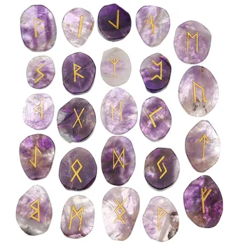 

New 24pcs Natural Chakra Engraved Amethyst Rune Stone Engraved Pagan Lettering Wiccan Set with a Free Velvet Pouch with Velvet B