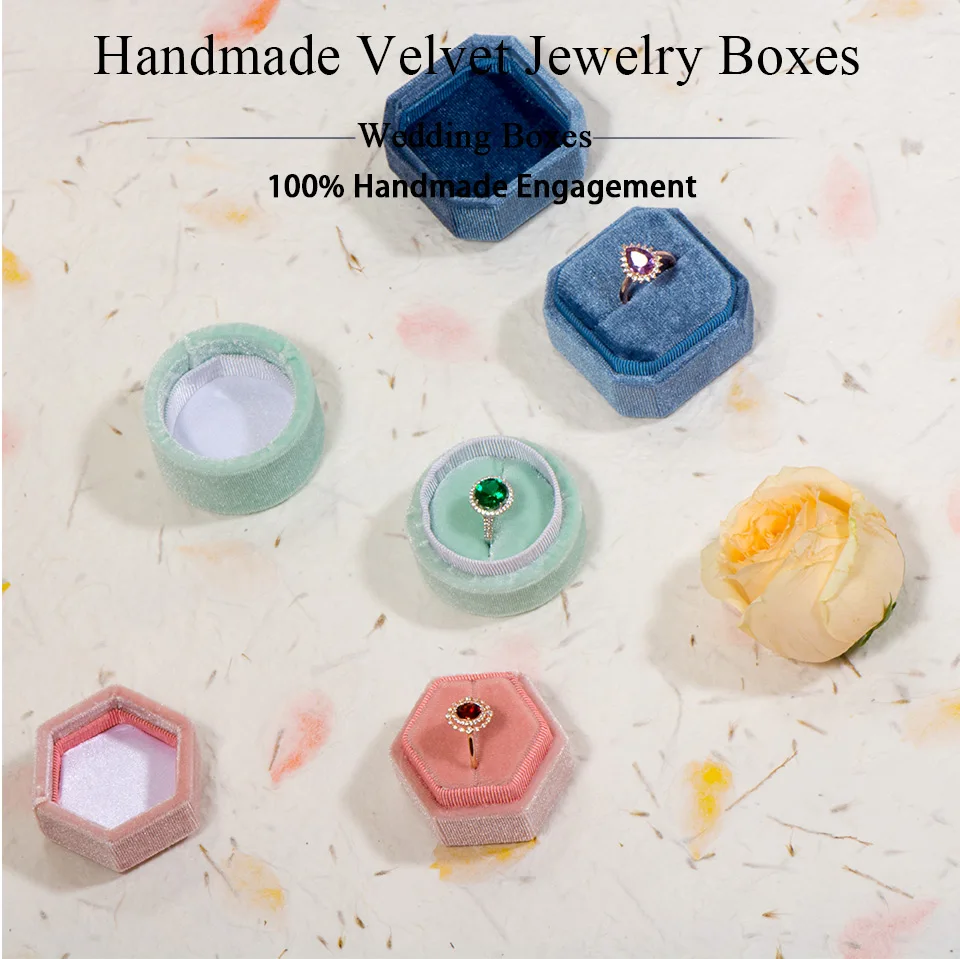 GZXSJG ручной работы с шестигранной головкой бархатные ювелирные коробки для свадьбы розового и зеленого цветов традиции, коробка для колец для кольцо для помолвки винтажные подарки