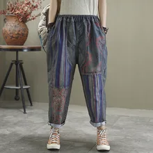 Весенние джинсы с эластичной резинкой на талии, Свободные повседневные женские джинсовые штаны, Ретро стиль, комбинированный принт, карман, женские Универсальные джинсовые брюки, Новинка