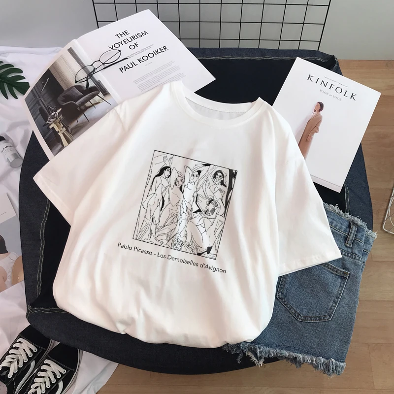 Ulzzang Harajuku Funny Black and White Drawing David Print Short Sleeve T-Shirt Large Size Loose O-neck Casual Women T-Shirt