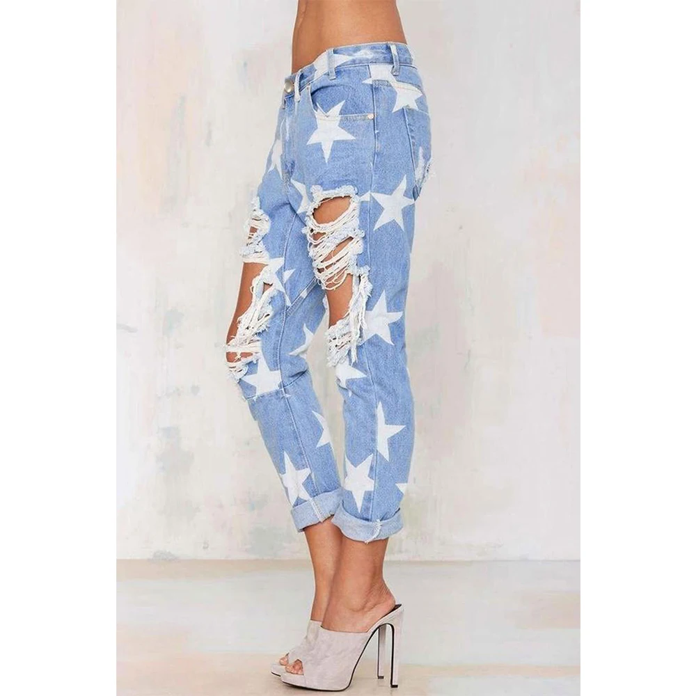 LORDLDS Women Blue Star Jeans Ripped Ladies Jeans trousers denim Cotton boyfriend jeans for women