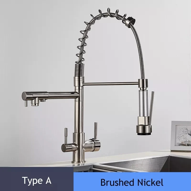 Pure Drinking Water Kitchen Faucet Brushed Nickel Dual Handle Mixer Tap 360 Rotate Purified Water Pull Out Spray Stream Head Tap white undermount kitchen sink Kitchen Fixtures