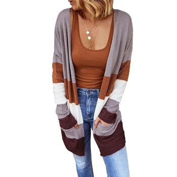 

Women Color Block Striped Cardigan Long Sleeve Knitted Open Front Sweater Coat