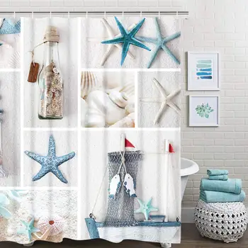 

Nautical Shower Curtain Marine Sail Boat Beach Starfish Shell Sea Life Bathroom Decor Bathroom Accessory with Hooks