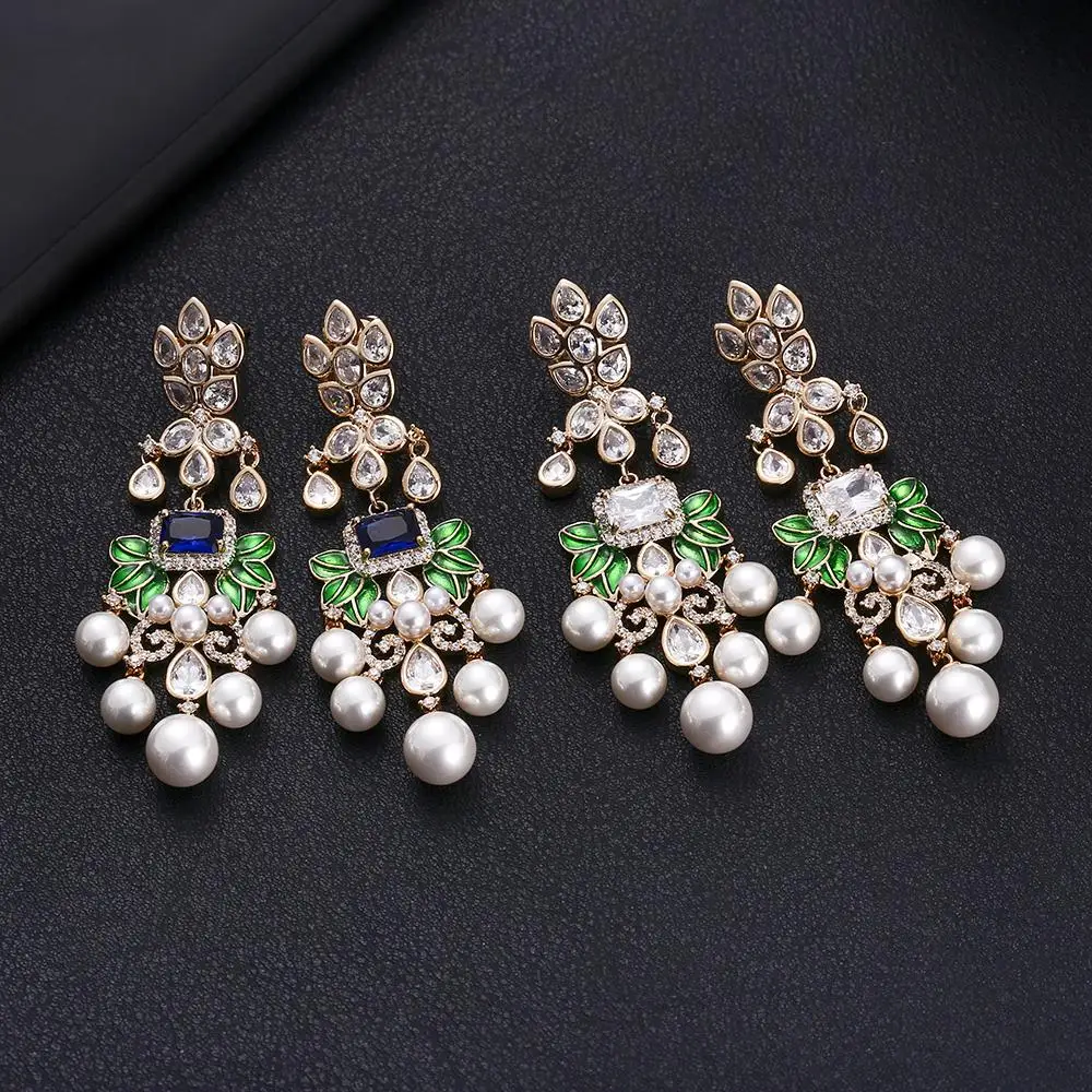 

Pearl Flowers Cubic Zircon Crystal CZ Long Dangle Earrings For Women African Bridal Earring aretes de mujer modernos