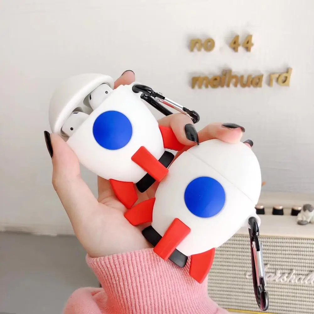 

New 3D Cute Space Rocket +ring Bluetooth Headset Silicone Case For Airpods Earphone Protective Shockproof soft cases