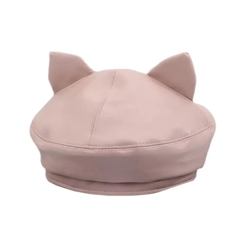 Японская женская шапка с милыми кошачьими ушками, берет из искусственной кожи, одноцветная, для художника, студента, регулируемая, винтажная, Классическая, восьмиугольная шапка - Цвет: Розовый