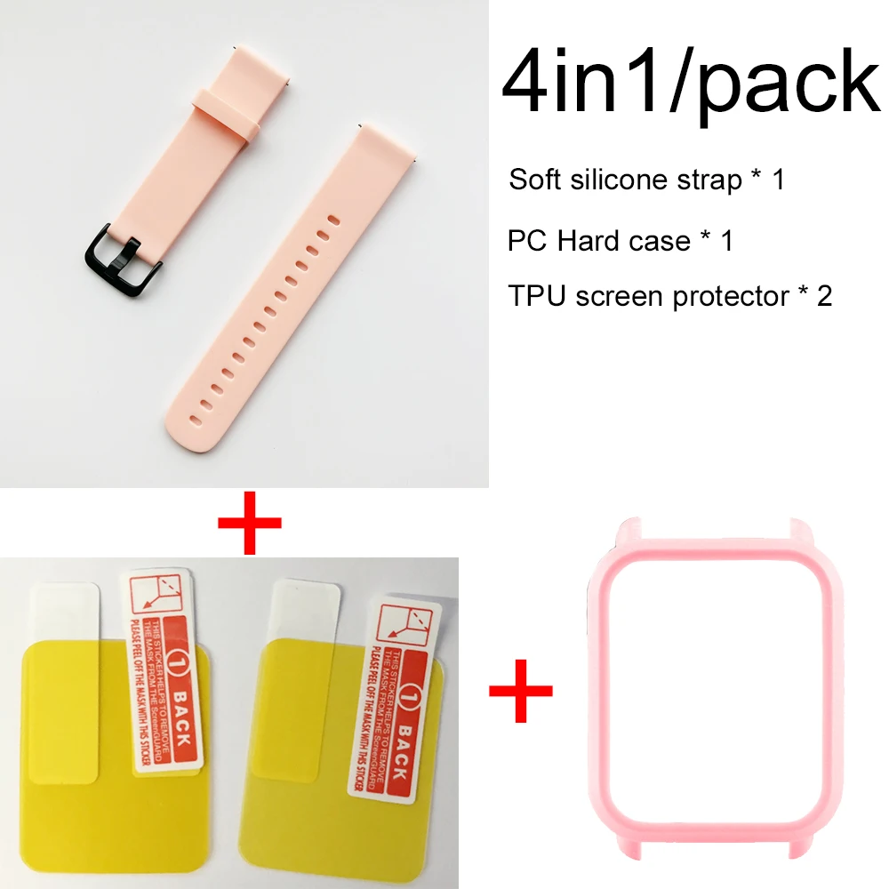 Pink-Pink case 4в1 мягкий силиконовый спортивный ремешок для Xiaomi Huami Amazfit Bip Смарт-часы цветной браслет с PC чехол Защитная крышка экрана - Цвет: Pink-Pink case