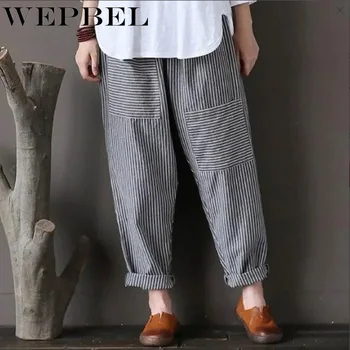 

WEPBEL Plus Size Trousers Women Elastic Striped Pockets Loose Casual Long Pants