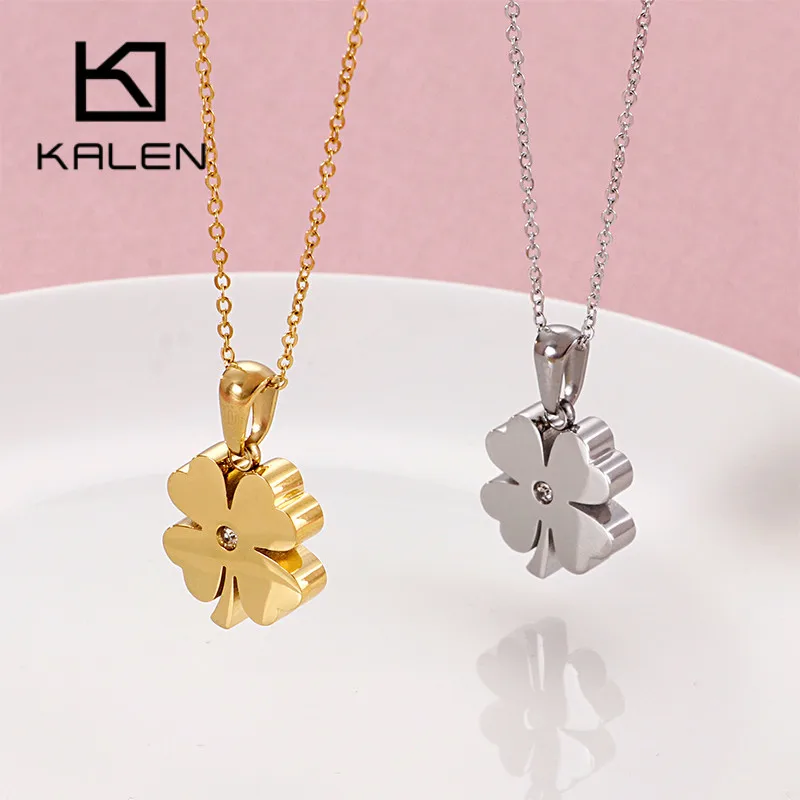 

KALEN Fashion 3 Colors Stainless Steel Zircon Chain Necklaces For Women Luckly Four-Leaf Clover Mujer Collares Wedding Jewelry