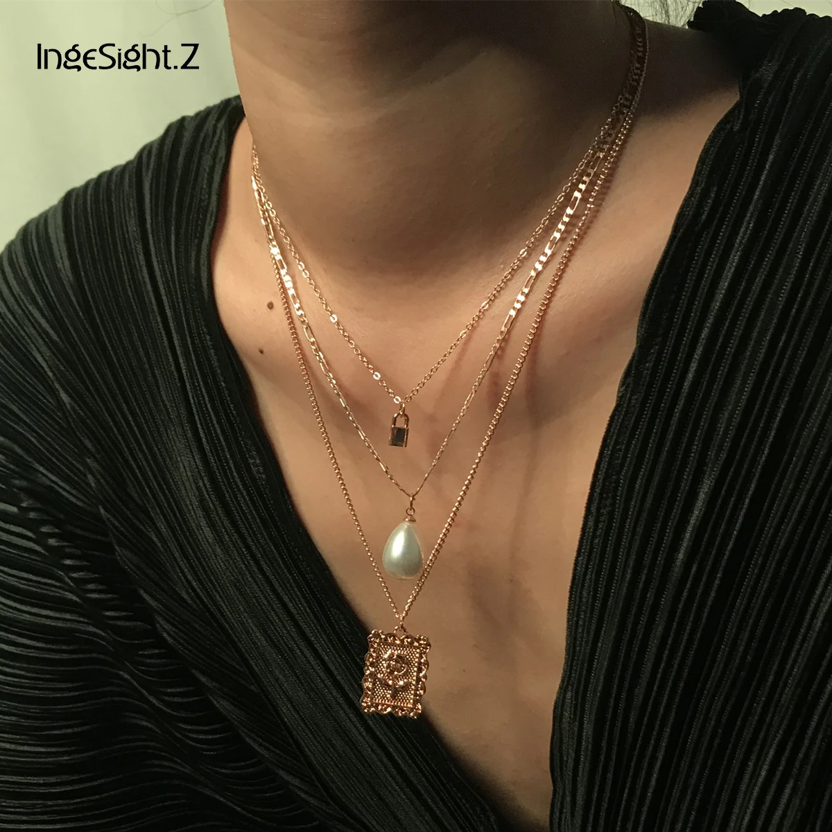 IngeSight. Z панк многослойное ожерелье-чокер с искусственным жемчугом массивное квадратное ожерелье с подвеской в виде цветка розы женские ювелирные изделия