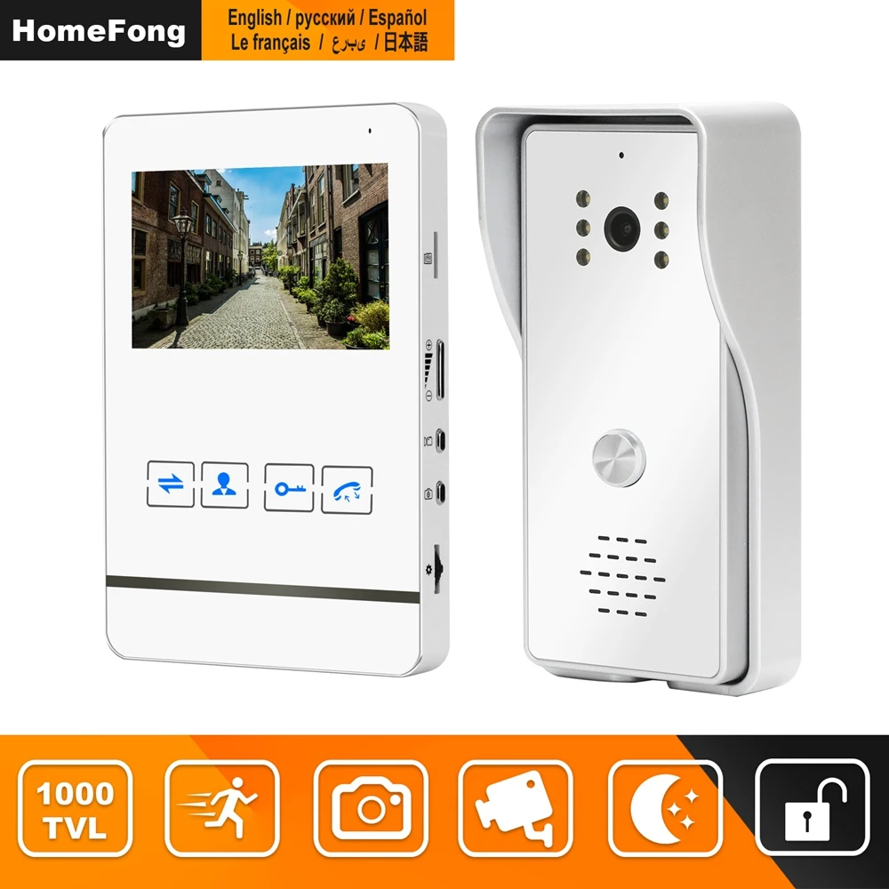 HomeFong 4 Inch Video Intercom for Home Wired Video Door Phone Works with Lock Access Control 1200TVL  Motion Detection Recoding