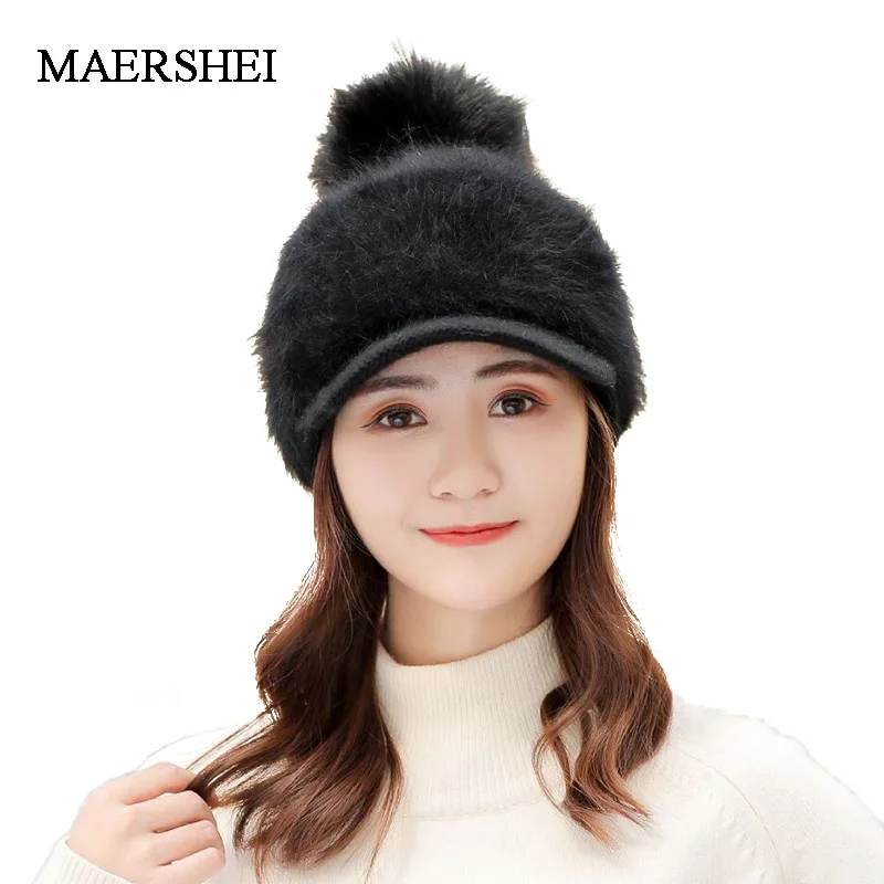 

MAERSHEI Knitted Hat Women WinterBaseball cap Ladies Beanie Girls Skullies Caps Bonnet Femme SnapBack Warm Rabbit hair Wool Hat