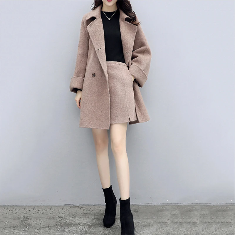 Heydress осень размера плюс свободное теплое шерстяное пальто комплект леди отложной воротник верхняя одежда женское двубортное одноцветное пальто А-силуэта костюм