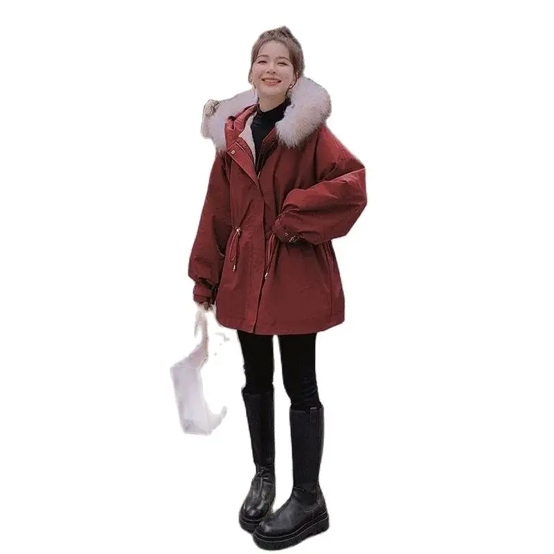 Fleece Parker Padded Jacket Women 2022 Winter New Fashion Thick Warm Coat Tooling Cotton-Padded Waist Hooded Padded Outwear 2021 winter new women s fur collar drawstring plus fleece hooded cotton padded jacket cotton padded jacket was thinner women