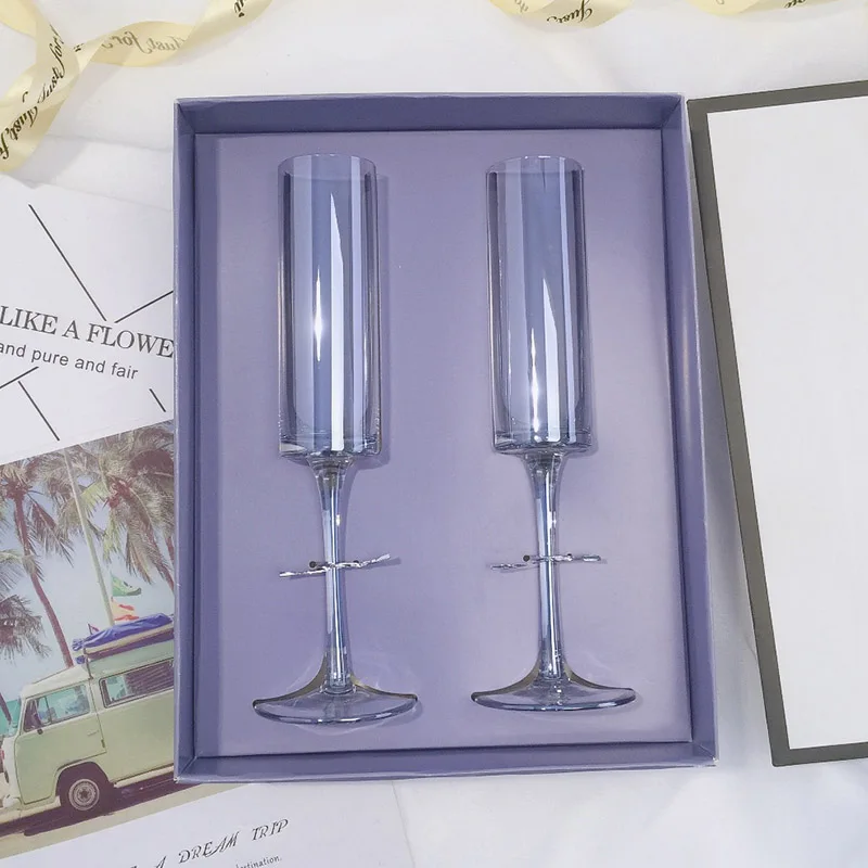 light blue 2 pcs 2 шт. хрустальные бокалы для шампанского, чашки, многократные бокалы для Свадебного Вина, бокалы для напитков, креативные питьевые бокалы, подарочная коробка - Цвет: light blue 2 pcs